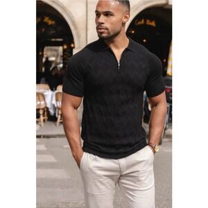 MAUVAIS Men Size XS Diamond Jacquard Zip Short Sleeve Polo Shirt‎ Navy Preppy